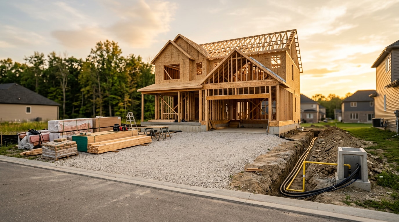New home construction site with framing, organized materials, and an open utility trench leading to the foundation
