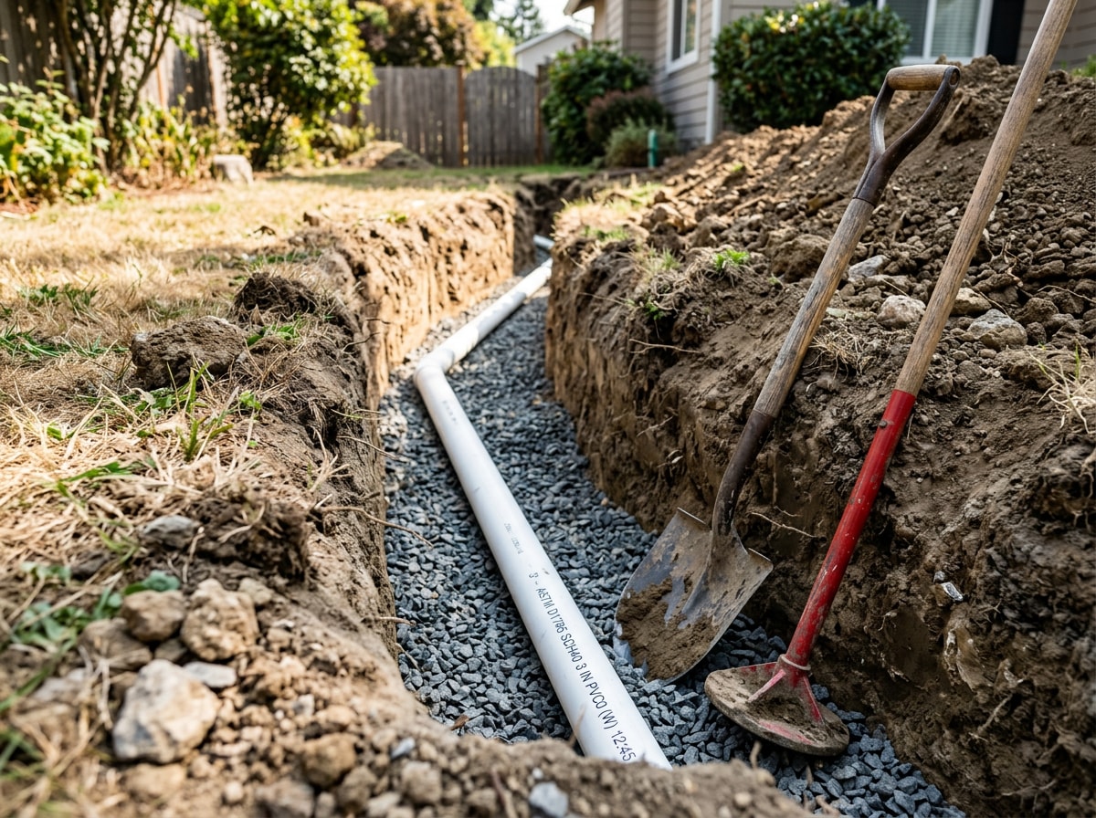 Freshly excavated utility trench with exposed pipe bedding on a residential lot