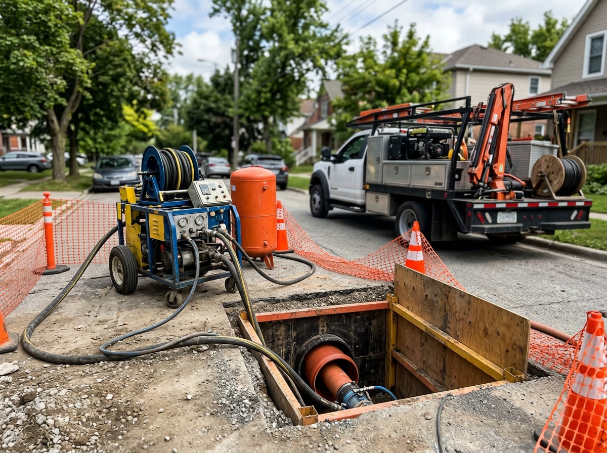 Trenchless pipe bursting equipment staged next to a repaired sewer line access point