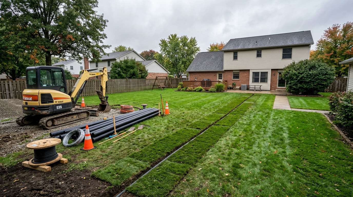 Completed trenchless excavation and pipe repair site in a residential Ohio yard