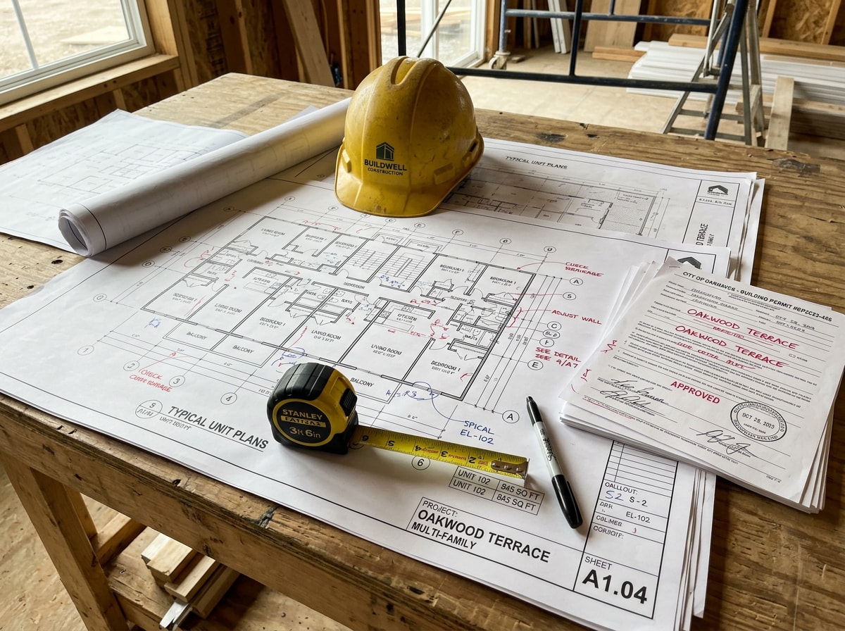Multifamily general contractor reviewing blueprints with subcontractors on an apartment renovation site