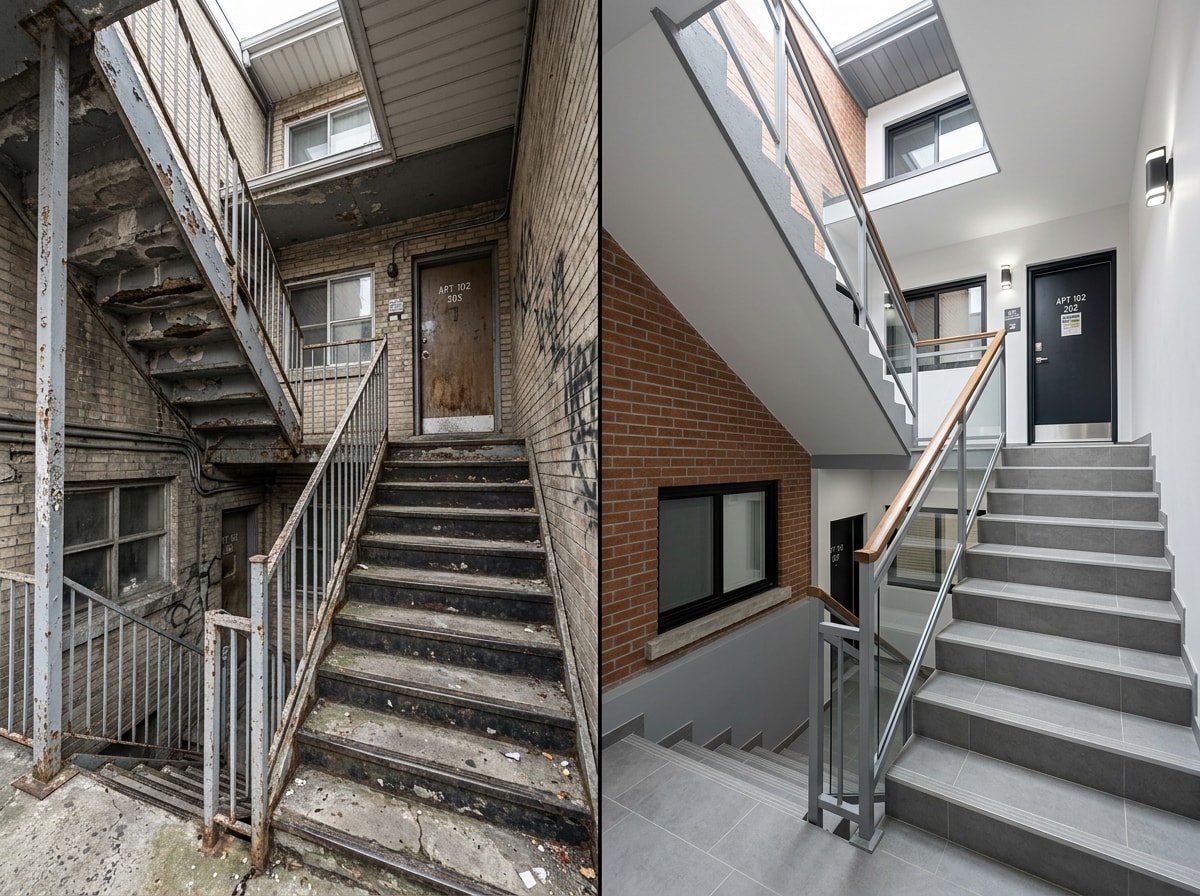 Before-and-after photos from a multifamily general contractor's completed apartment renovation portfolio