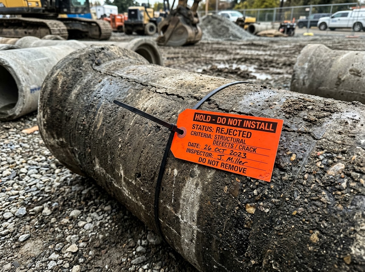 Quality hold tag attached to rejected pipe section on a construction site