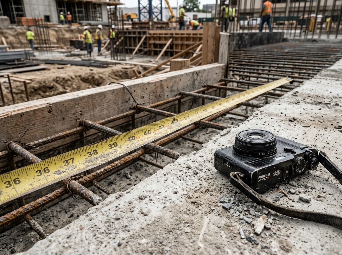 Quality inspector's tape measure and camera documenting a rebar spacing deviation