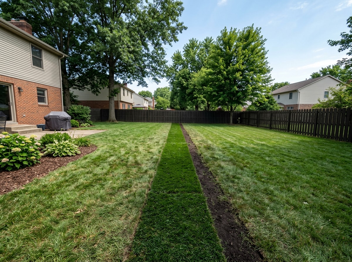 Restored yard surface over a completed trenchless sewer line replacement