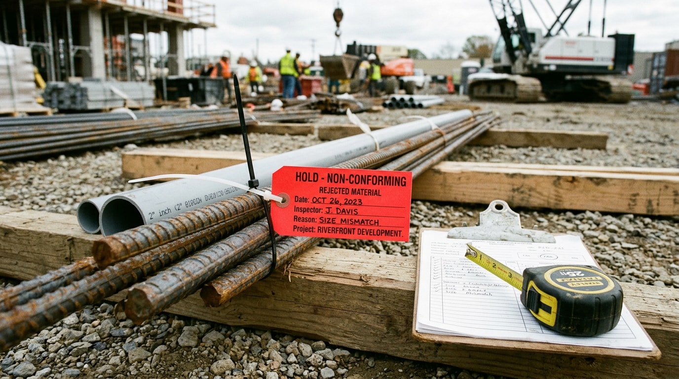 Quality hold tag attached to non-conforming rebar and pipe on a construction site Quality hold tag attached to non-conforming rebar and pipe on a construction site