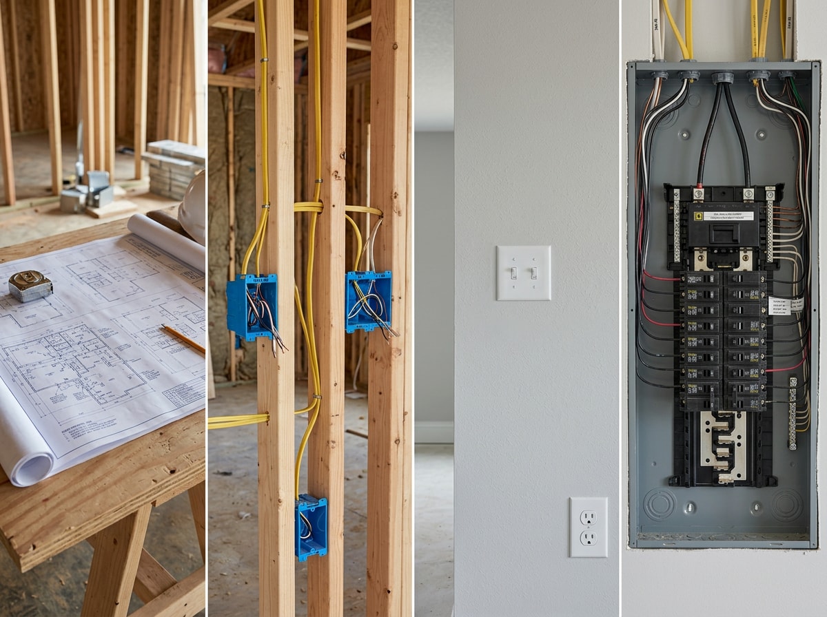 Four phases of new construction electrical work shown from blueprint planning through rough-in wiring, trim-out, and final inspection
