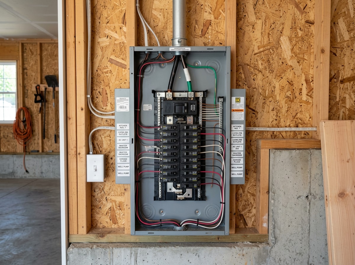 Cost breakdown graphic comparing rough-in wiring, service entrance panel work, and trim-out pricing for new construction electrical work