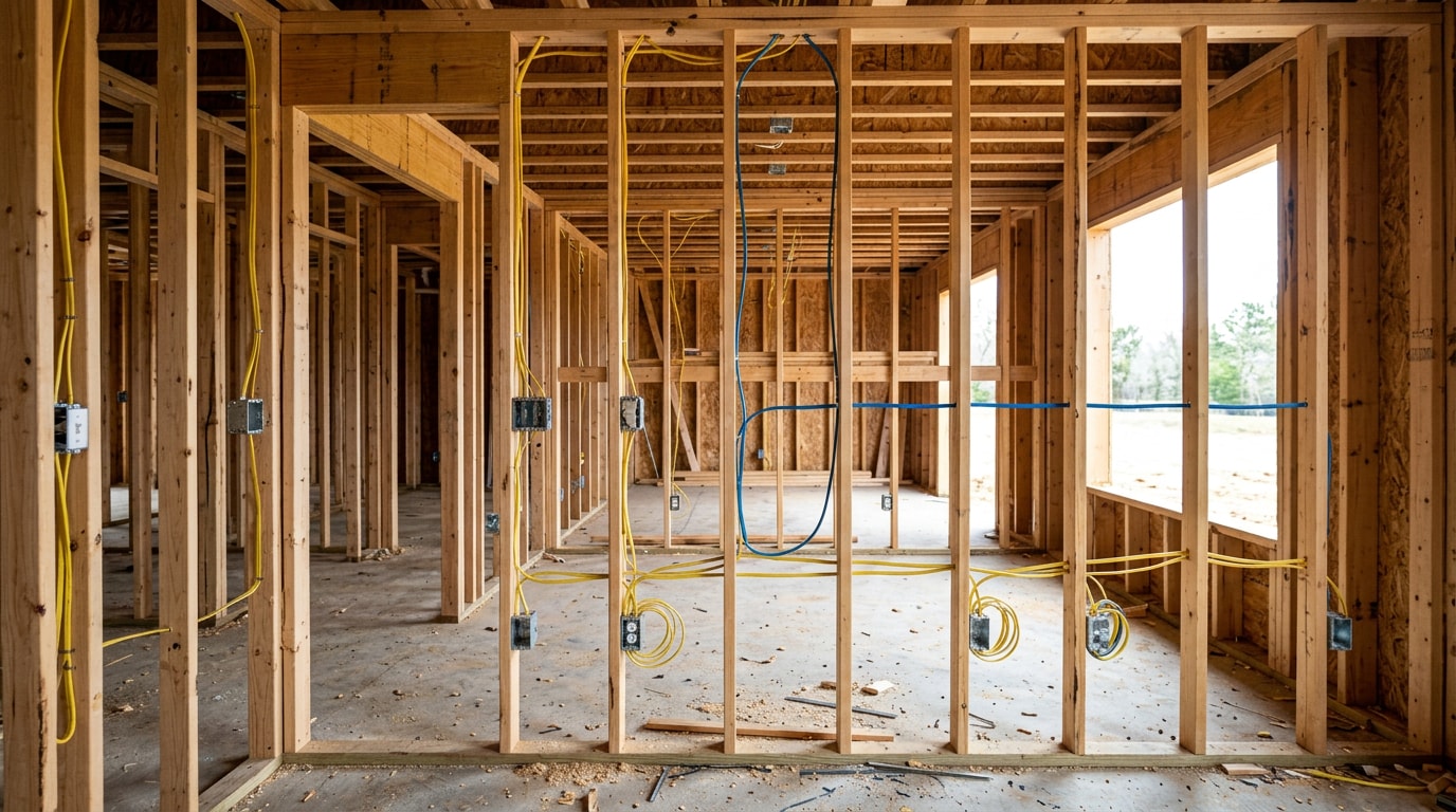 New construction home framing stage showing electrical rough-in wiring through open wall studs