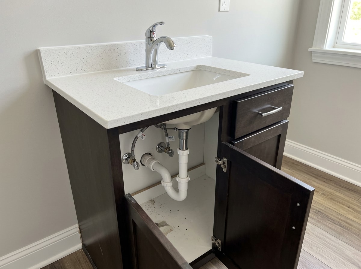 Plumber installing a bathroom sink faucet during trim-out phase of new construction