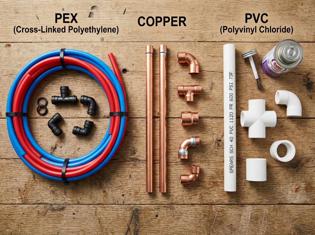 Side-by-side comparison of PEX, copper, and PVC plumbing pipe materials