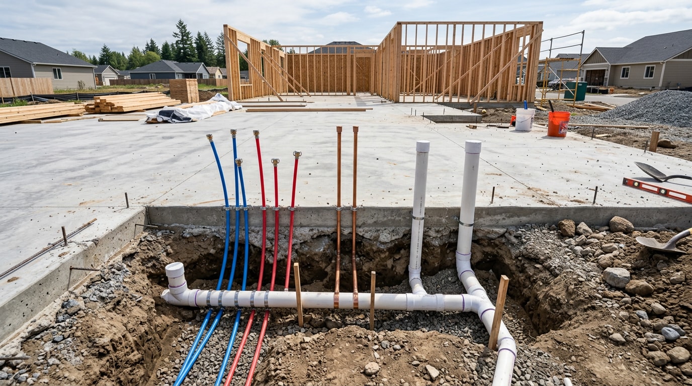 New construction plumbing rough-in with supply and drain lines stubbed through a foundation slab