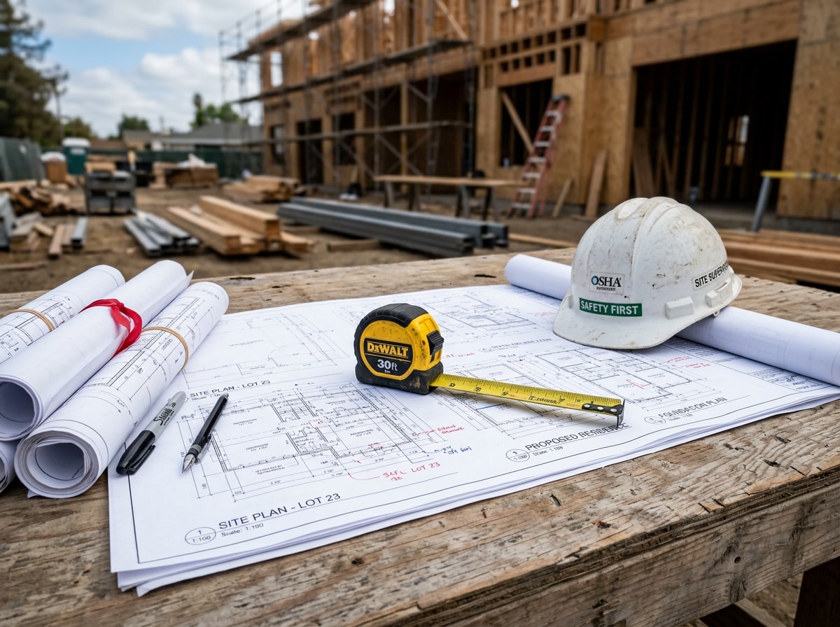 Professional builder and crew reviewing blueprints on an active construction job site