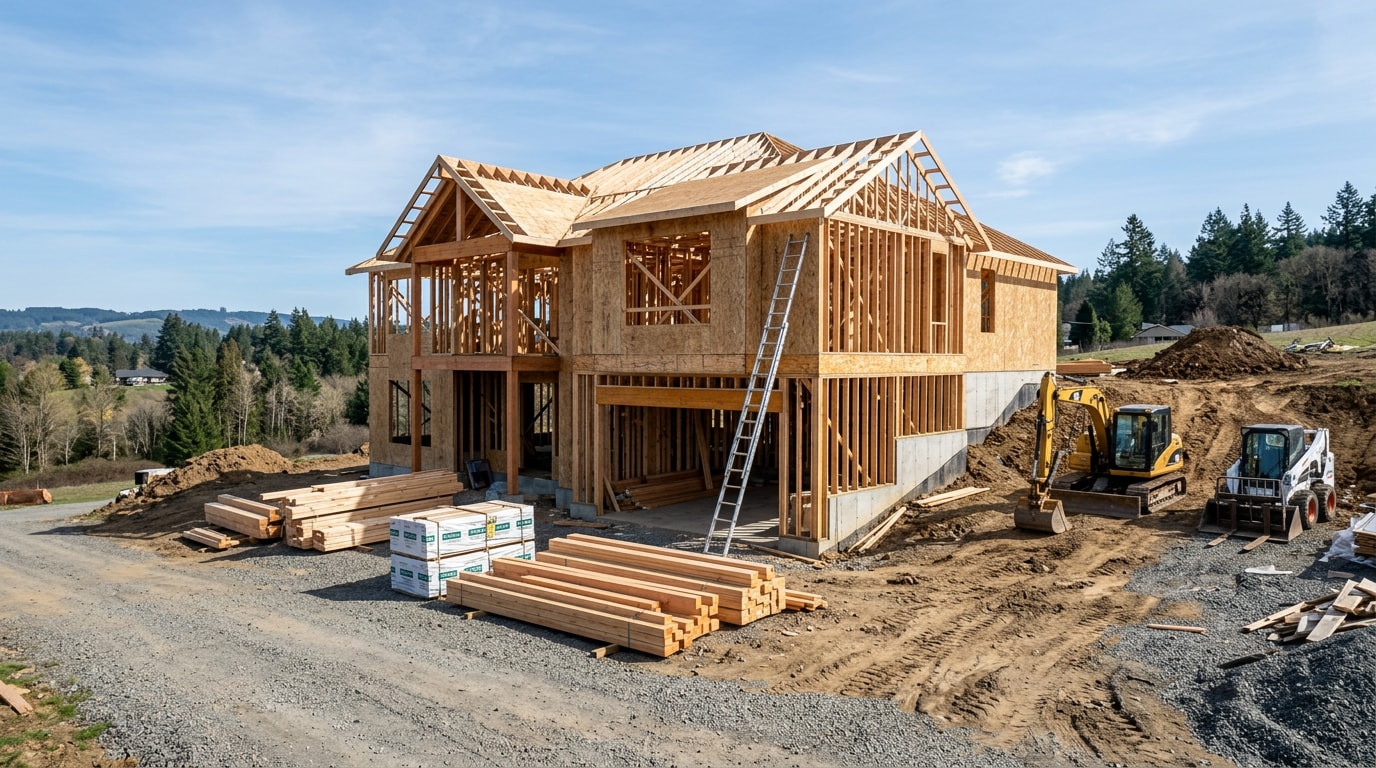 Framed custom home under construction on an active building site Framed custom home under construction on an active building site