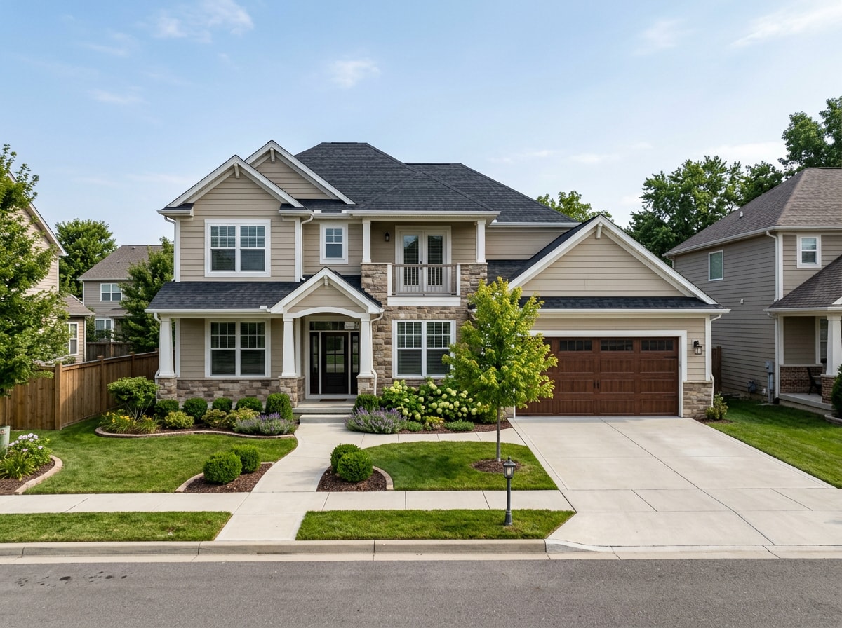 Finished two-story production-built home exterior with driveway and landscaped front yard, no people visible