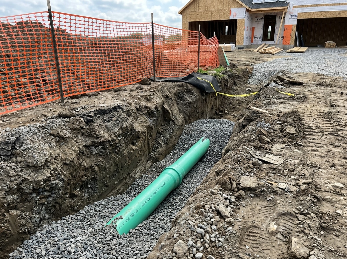 Open utility trench with new sewer pipe being laid at a residential new-construction site, no people visible