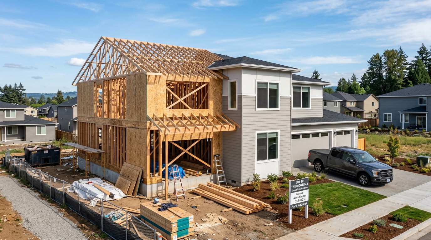 New construction project-built home showing both framed and finished sections