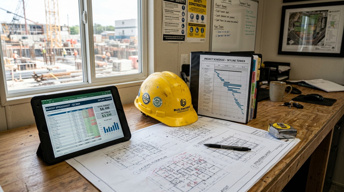 Project management contractor desk setup with blueprints, schedule binder, and budget tracking tablet on an active construction site Project management contractor desk setup with blueprints, schedule binder, and budget tracking tablet on an active construction site