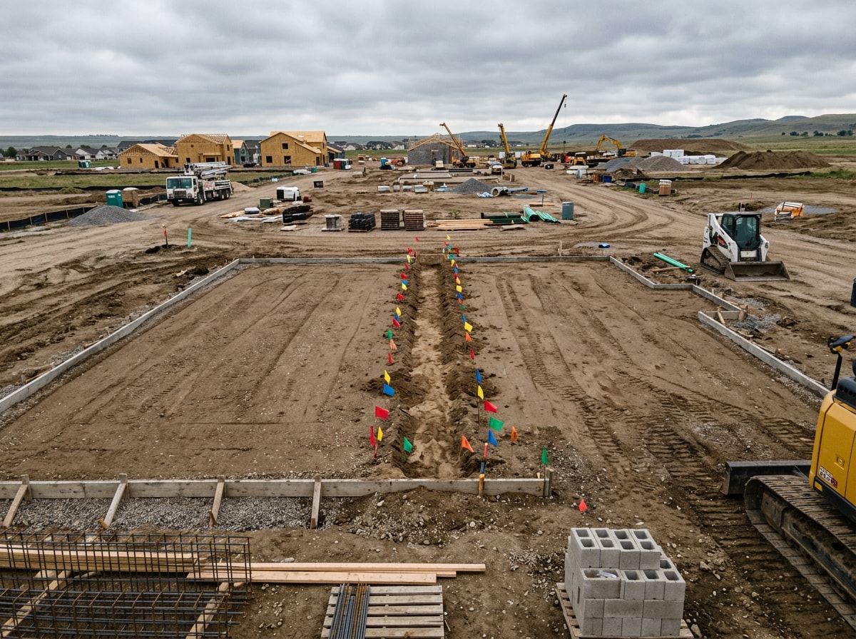 Backfilled utility trench and graded building pad ready for slab construction, no people