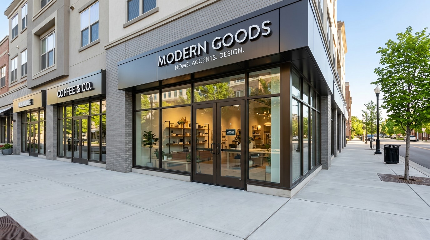 Finished retail construction storefront with new glass entry and signage
