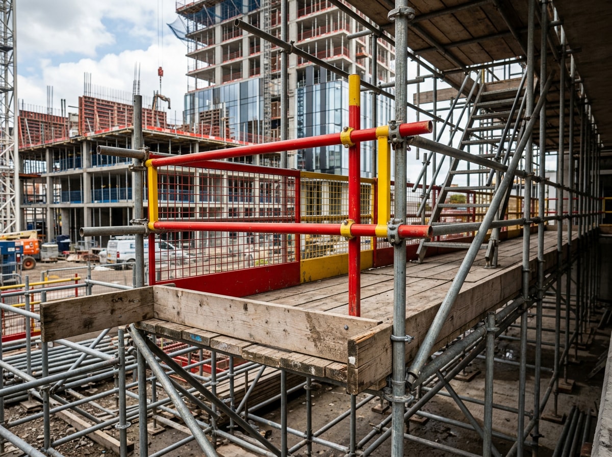 supported scaffolding with guardrails and toe boards on a commercial job site