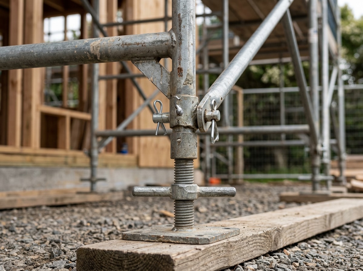 close-up of scaffold base plates and secured cross bracing on a finished residential scaffold installation
