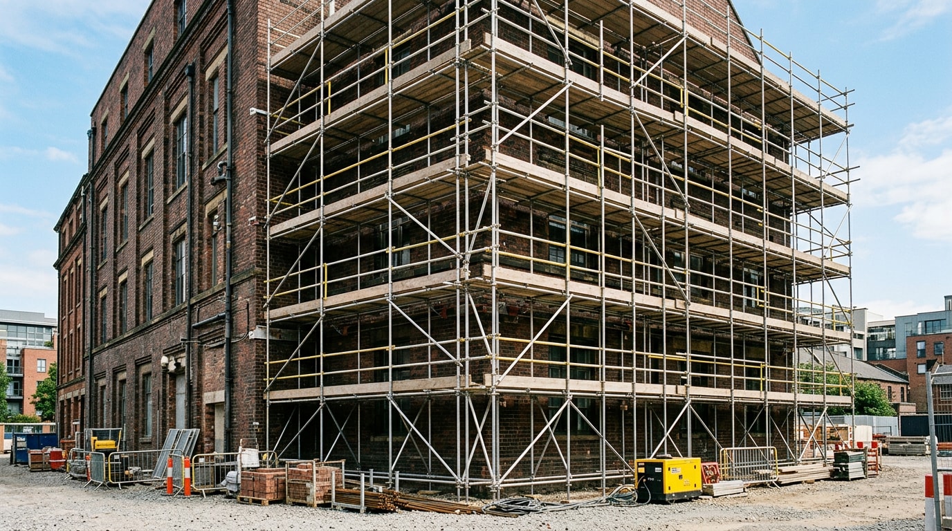 Multi-level supported scaffolding installed against a commercial building facade Multi-level supported scaffolding installed against a commercial building facade