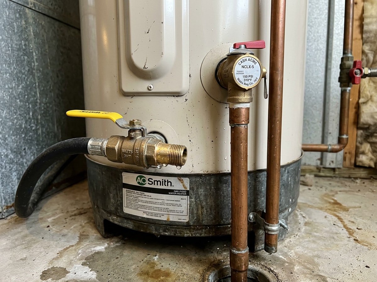 Close-up of water heater drain valve and T&P relief valve showing common leak points