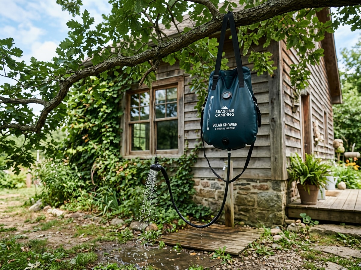 Portable camp shower bag hanging outdoors as a temporary alternative to a leaking water heater
