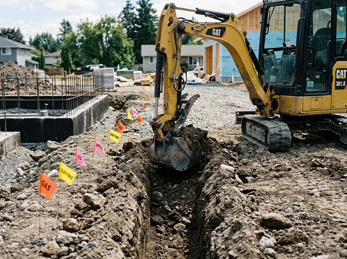 Excavator digging a utility trench at a residential building site before foundation work begins