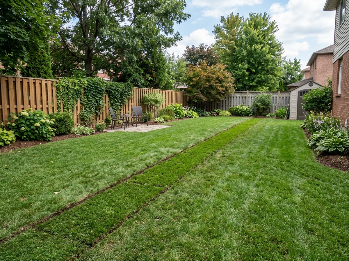Finished trench backfilled and lawn restored after a residential water line installation
