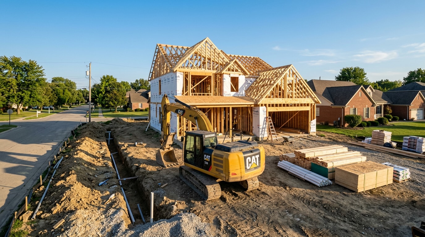New home construction site with framing underway and an open utility trench for water and sewer line installation New home construction site with framing underway and an open utility trench for water and sewer line installation
