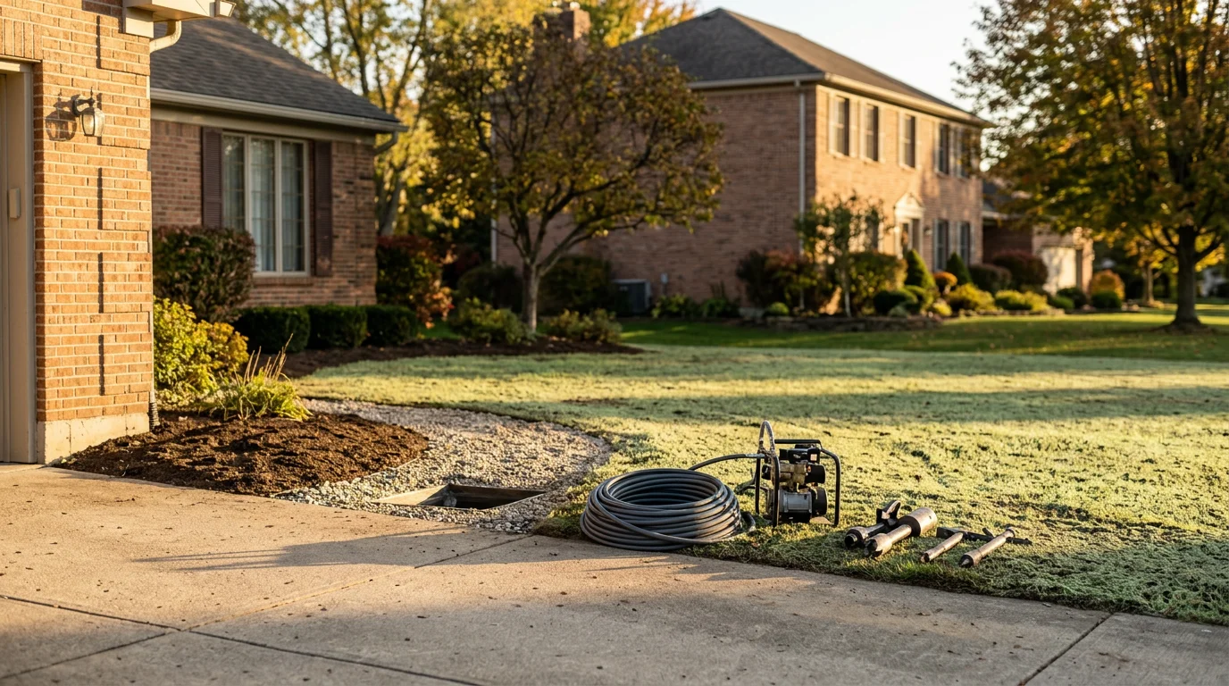 Trenchless drainage equipment being used to repair underground sewer line in Wooster yard