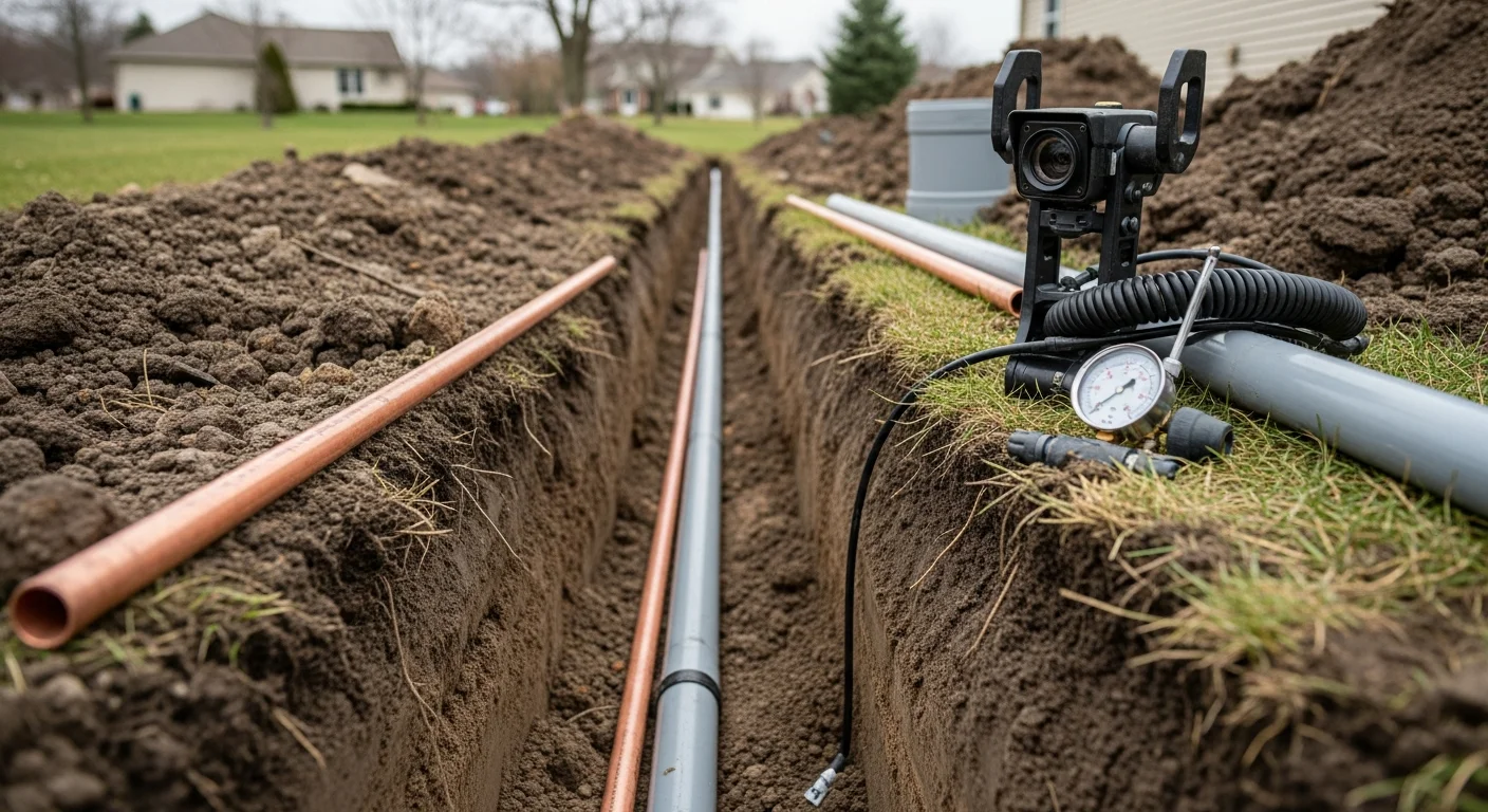 A Wooster, Ohio residential yard showing a completed trenchless water service line replacement with minimal ground disturbance and two small backfilled access points near the home's foundation. The surrounding lawn and driveway remain intact after the repair.
