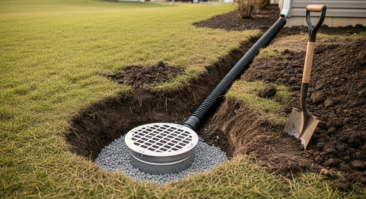A newly installed residential catch basin with a metal grate set flush with a lawn surface in Wooster, Ohio. A sloped drainage pipe connects the basin to a discharge outlet running away from the home's foundation.