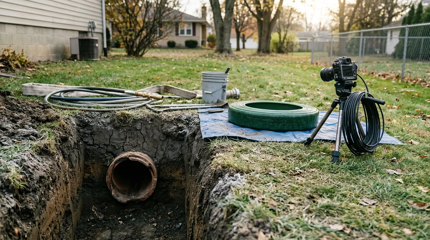 A technician with The Trenchless Guys prepares a resin-saturated CIPP liner for installation into a damaged sewer lateral at a residential property in Wooster, Ohio. The surrounding yard and driveway remain undisturbed, showing the trenchless repair approach.