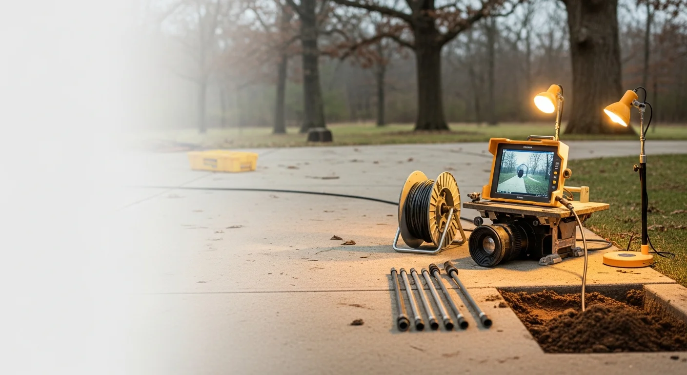 A trenchless sewer technician reviewing a camera inspection monitor showing the interior of a cracked clay tile sewer line beneath a Wooster residential yard. The surrounding lawn remains undisturbed with no open trench visible.