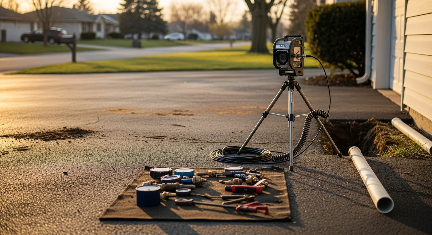 A trenchless pipe bursting repair on a residential property in Wooster, Ohio, showing a new sewer lateral being pulled through collapsed clay pipe with minimal ground disturbance. The surrounding lawn and driveway remain intact alongside the small access point at the pipe entry location.