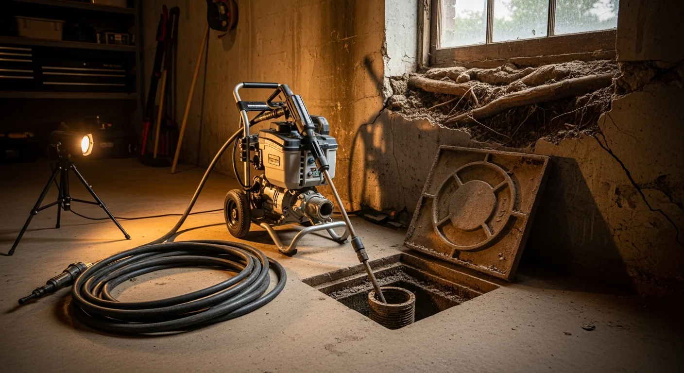 A drain cleaning technician using a professional cable machine to clear a clogged floor drain in a Wooster, Ohio basement. The concrete basement walls and older pipe access point are visible in the background.