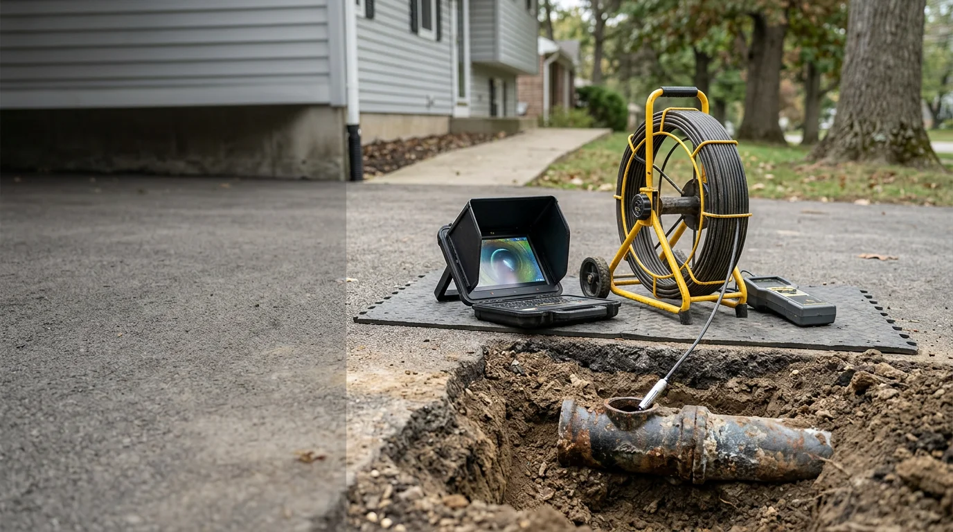 A cracked clay drain pipe exposed during a repair inspection in a Wooster, Ohio residential yard, showing root intrusion and soil displacement from Wayne County's freeze-thaw cycles. A technician reviews camera inspection footage beside the excavated line.