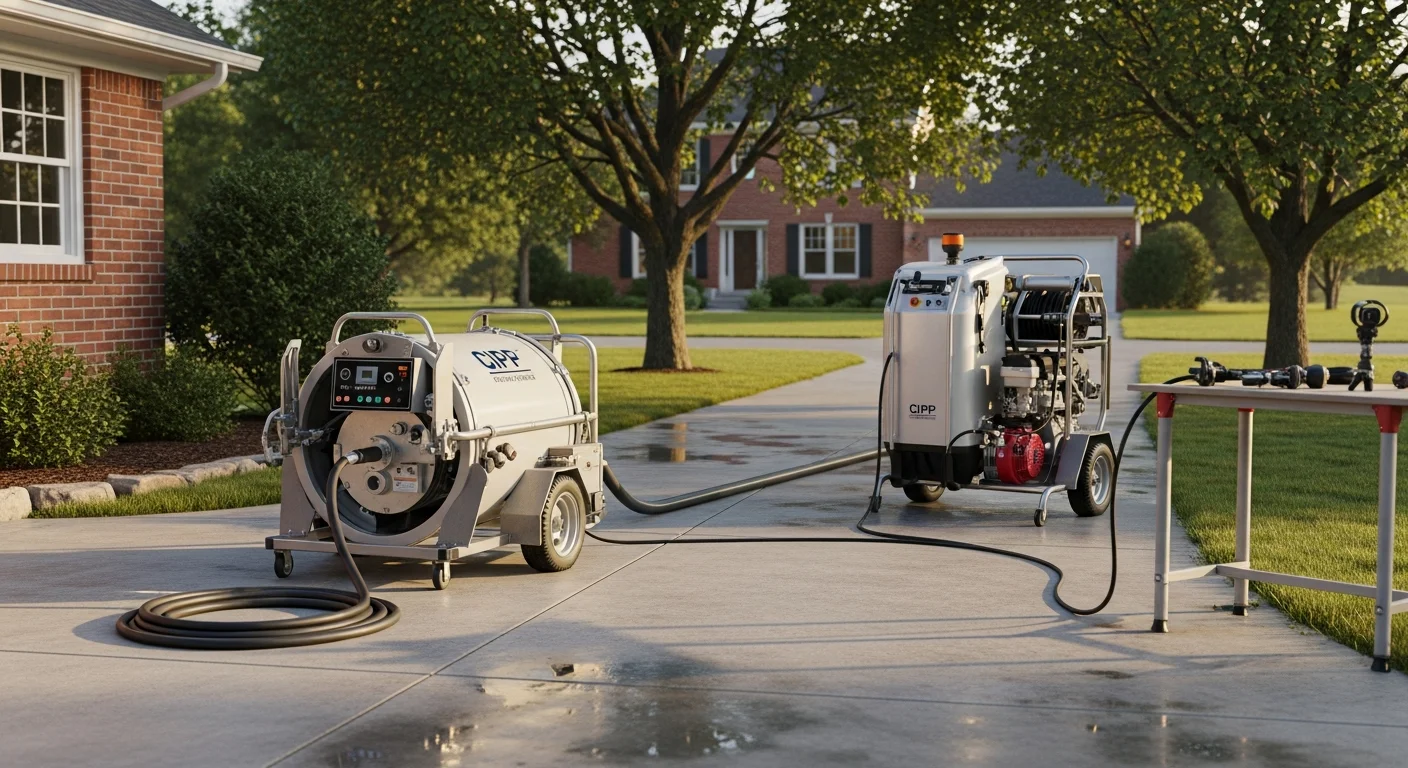 A technician from The Trenchless Guys feeds an epoxy-saturated CIPP liner into a residential sewer cleanout in Wooster, Ohio. The surrounding lawn and driveway remain undisturbed with no excavation or open trench visible.