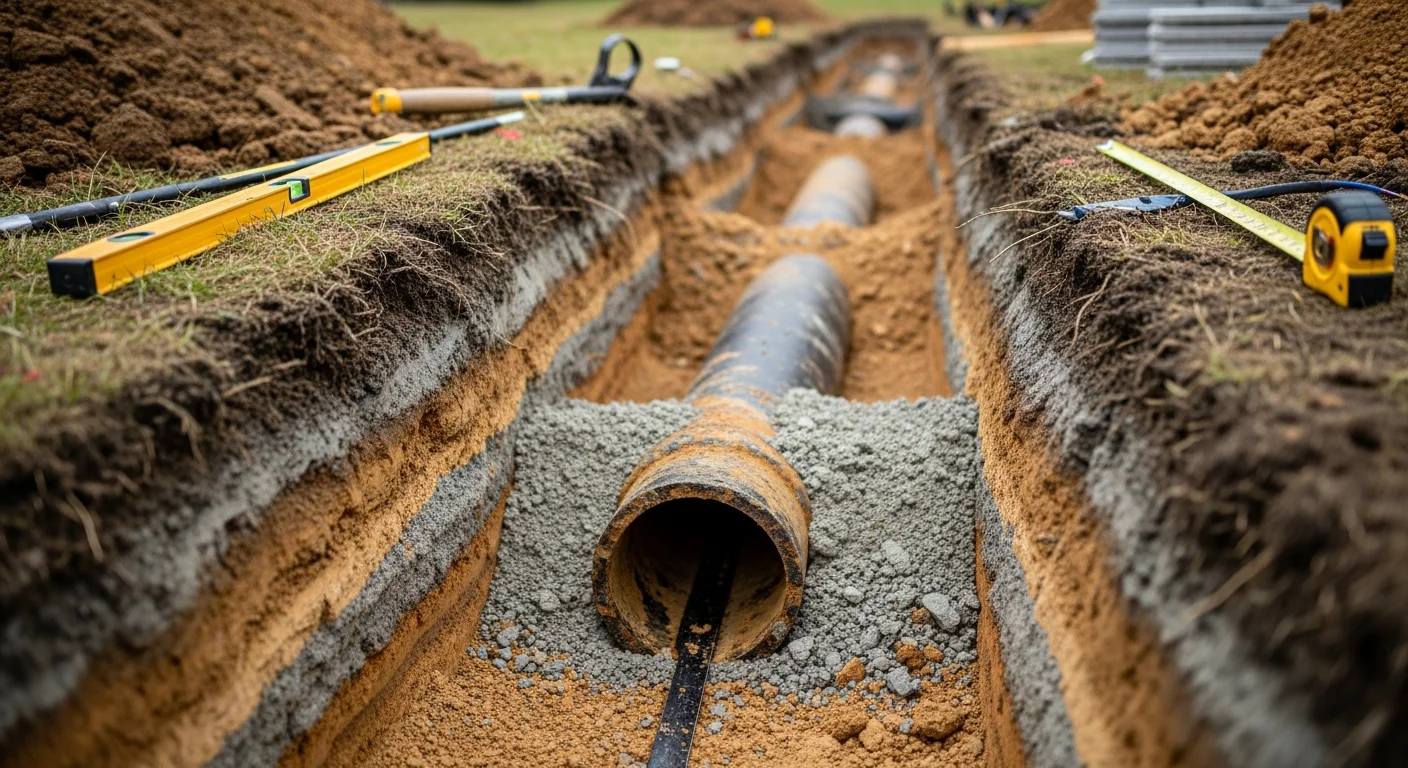 A Trenchless Guys crew member inspecting an exposed clay tile sewer pipe section in a Wooster residential yard after targeted excavation. The surrounding lawn remains intact with only a narrow trench open at the confirmed failure point.