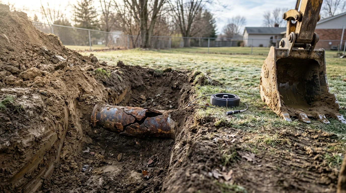 An open excavation trench exposing a damaged clay sewer lateral in a residential yard in Wooster, Ohio, with compacted Wayne County clay soil visible along the trench walls. A replacement pipe section sits staged beside the excavated area prior to backfill.