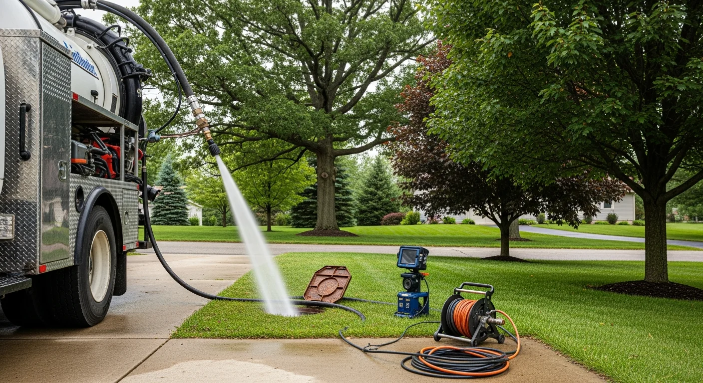 A Trenchless Guys technician feeding a hydro jetting hose into a sewer cleanout access point at a Wooster, Ohio residential property. The surrounding yard shows clay soil typical of Wayne County, with a mature tree line visible in the background.