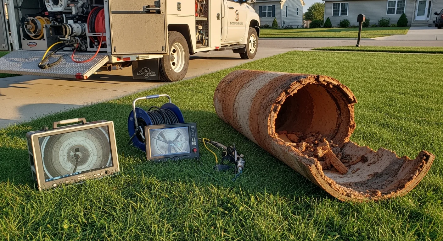 A side-by-side view of a collapsed, oval-shaped Orangeburg sewer pipe pulled from a Wooster residential yard next to a newly installed smooth interior pipe lining. The excavated trench shows the deteriorated tar-paper material of the old pipe against undisturbed lawn.
