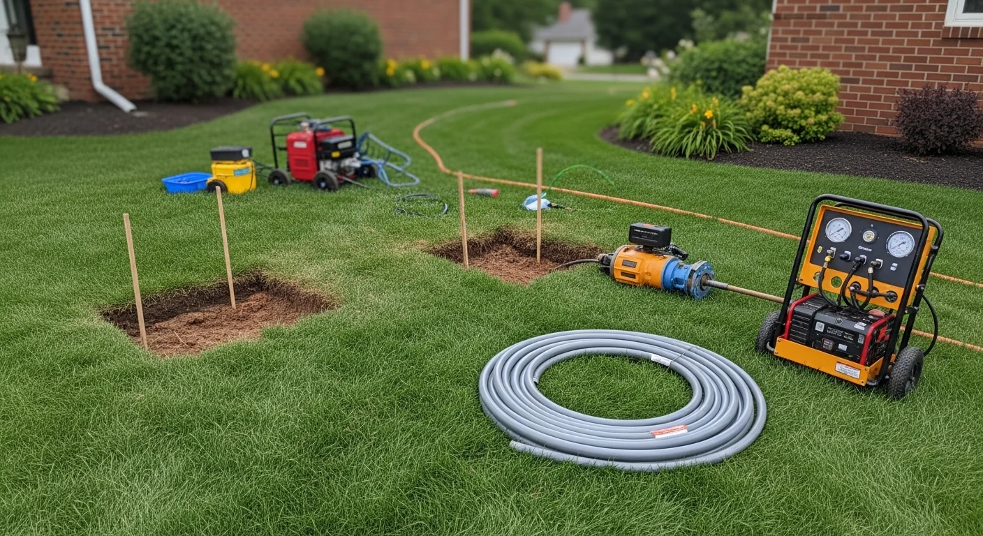 A Trenchless Guys crew member operating pipe bursting equipment at a Wooster, Ohio residential property, with two small ground access points visible and the surrounding lawn remaining largely undisturbed. The setup shows hydraulic pull equipment positioned over an entry point near the home's foundation.