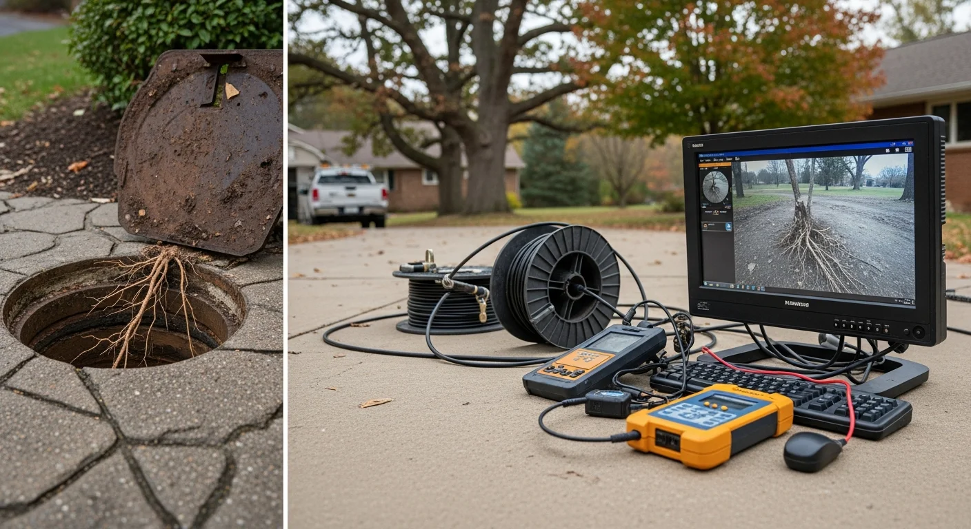 A sewer camera inspection screen showing tree root growth inside a clay sewer pipe beneath a Wooster, Ohio residential property. The surrounding yard and mature trees are visible above ground with no excavation disturbing the lawn.