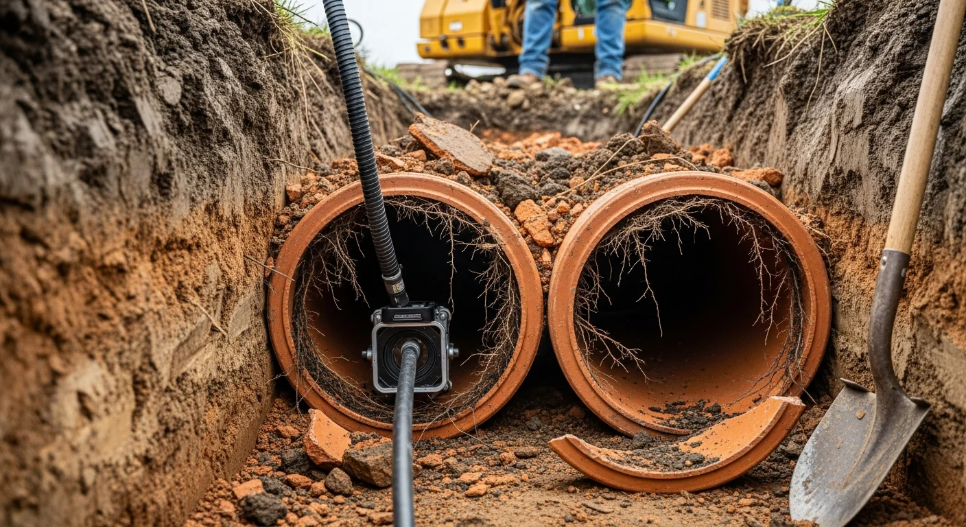 A sewer camera inspection screen showing a dense tree root mass blocking a clay sewer pipe beneath a Wooster, Ohio residential property. A technician reviews the footage before beginning mechanical root removal.