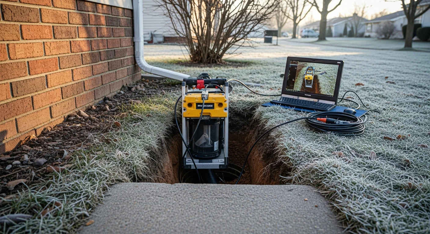 A trenchless sewer technician performing a camera inspection on a residential sewer lateral in a Wooster, Ohio backyard. The monitor displays the interior of a clay tile pipe showing root intrusion and joint separation.