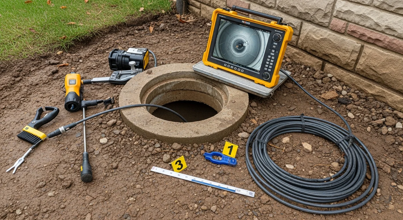 A sewer camera inspection technician from The Trenchless Guys feeding a flexible camera cable into a sewer cleanout access point at a Wooster, Ohio residential property. The monitor displays live footage of the interior of an aging clay tile sewer lateral showing root intrusion and joint offset.